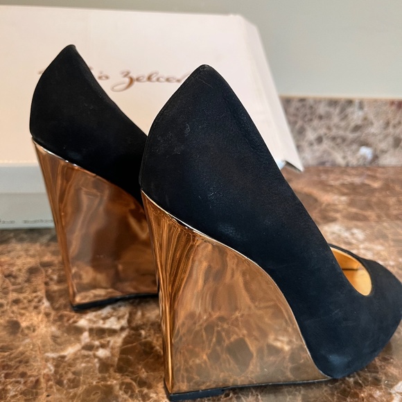 Sergio Zelcer Open Toe Black Velvet Wedge with Red Sole - Picture 7 of 10